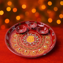 Hand-Painted Decorative Pooja Thali with Ganesha Motif and Diyas